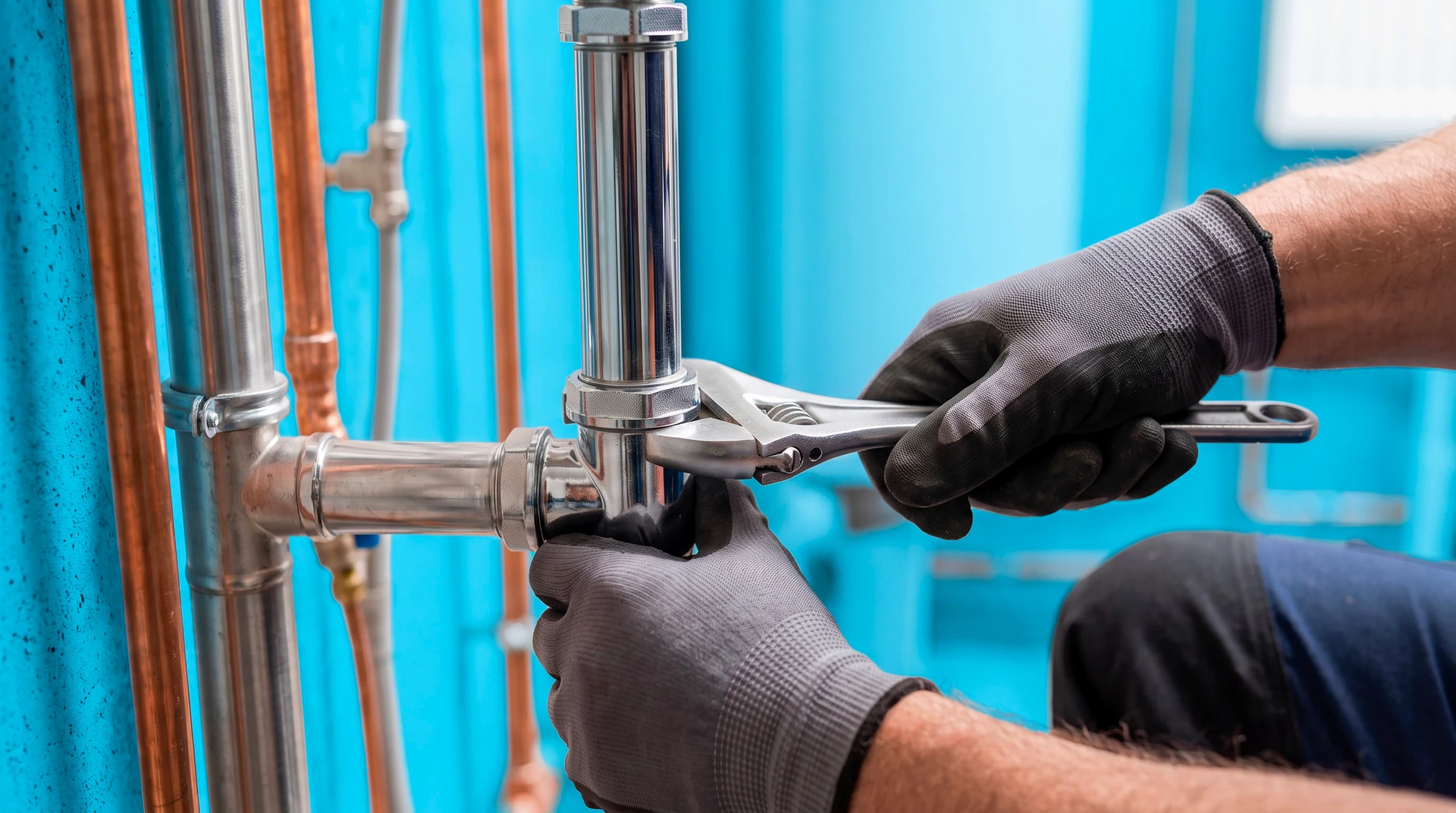 Photo professionnelle en gros plan montrant les mains gantées d'un plombier expérimenté en train de serrer un raccord chromé d'une tuyauterie de sanitaire avec une clé à molette, dans un cadre d'intervention technique en immeuble collectif ou installation professionnelle. Le cadrage doit mettre en avant le savoir-faire, la précision du geste et la qualité de l'équipement utilisé. La tuyauterie et les raccords métalliques doivent être clairement visibles et de qualité professionnelle, symbolisant la compétence et la rigueur d'intervention.