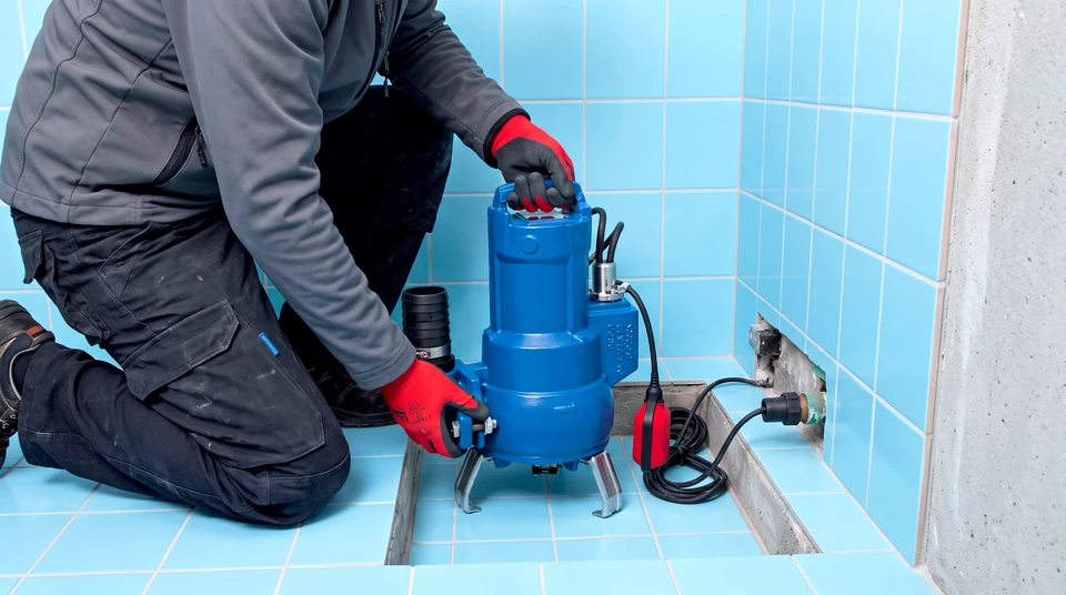 Plombier professionnel en combinaison rouge et casque blanc travaillant sur installation de canalisations dans local technique